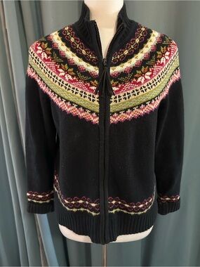 TIARA Petites PM Fair Isle Zip Cardigan Sweater Black Nordic Ramie Cotton